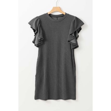Black Textured Ruffled Flutter Sleeve Mini Dress