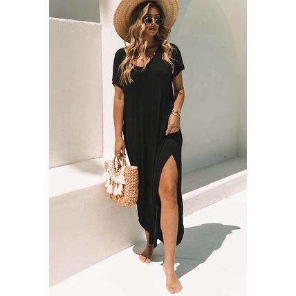 Black V Neck Hidden Pocket Splits Maxi T-shirt Dress