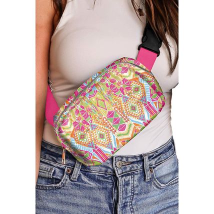 Rose Red Western Print Buckle Wide Belt Chest Bag