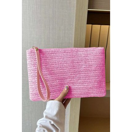 Rose Red Straw Woven Wrist Strap Zipper Large Wallet
