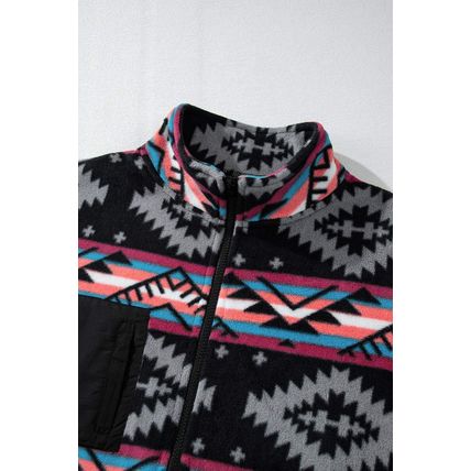 Black Aztec Printed Zip Up Collar Jacket