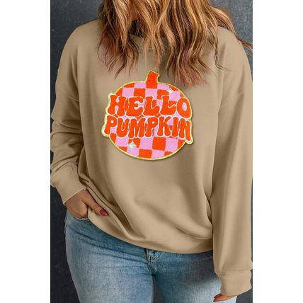 Apricot Plus Hello Pumpkin Pattern Drop Shoulder Halloween Sweatshirt