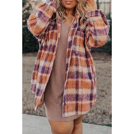 Multicolour Plus Size Plaid Print Collared Button up Jacket