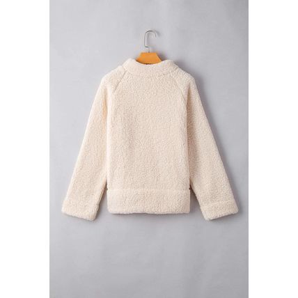 White Solid Fleece High Neck Drop Shoulder Pullover Sweatshirt