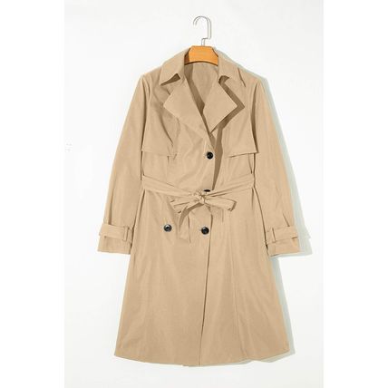 Pale Khaki Solid Color Lapel Collar Waist Tie Wind Coat