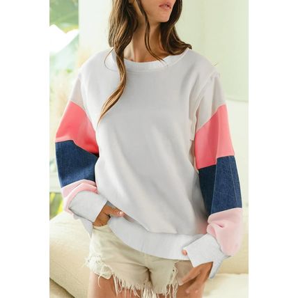 White French Terry Color Block Long Sleeve Top