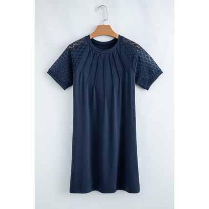 Navy Blue Contrast Lace Raglan Sleeve Pleated Detail Shift Dress