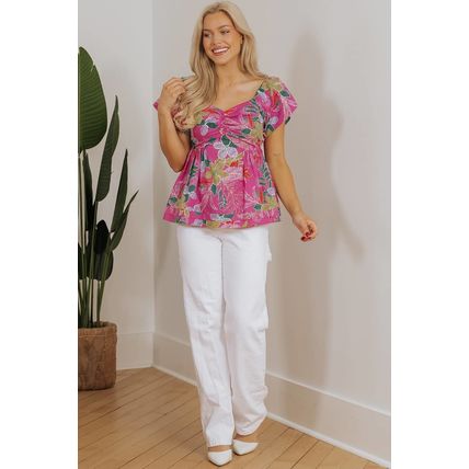 Purple Floral Print Sweetheart Neck Flutter Sleeve Blouse