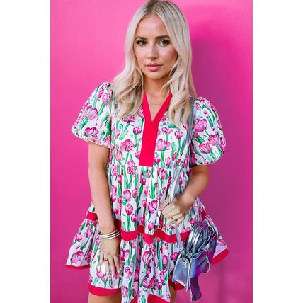 Pink Floral Print Contrast Trim V Neck Bubble Short Sleeve Babydoll Dress