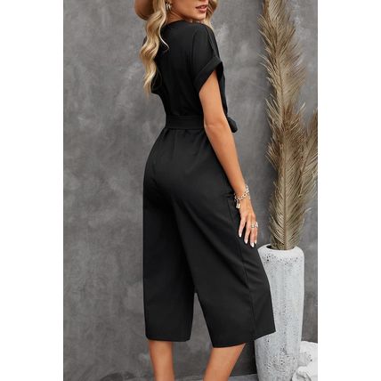 Black Dolman Button Belted V Neck Wide Leg Pocketed Jumpsuit