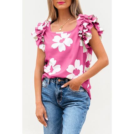 Pink Floral Textured Ruffled Short Sleeve Square Neck Blouse