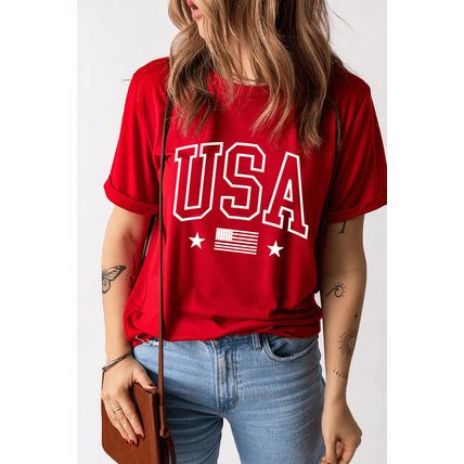 Red USA American Flag Print Crewneck T Shirt