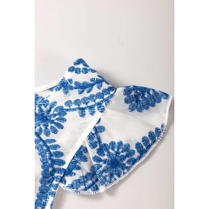 Blue Boho Print Flutter Sleeve Crew Neck Blouse