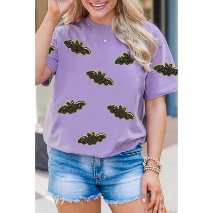 Wisteria Sequin Halloween Bat Patched Casual T Shirt