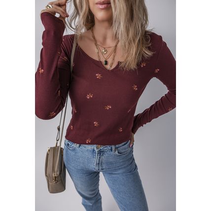Burgundy Notched Neck Floral Print Ribbed Long Sleeve Top