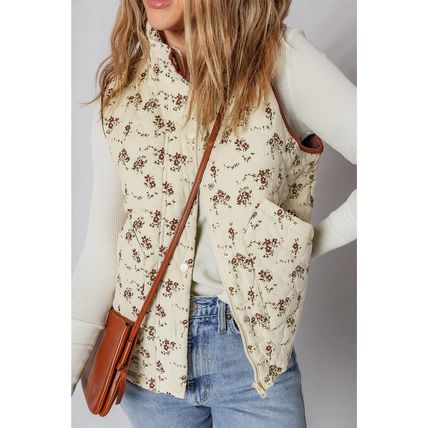 Apricot Floral Print Zip Up Quilted Vest