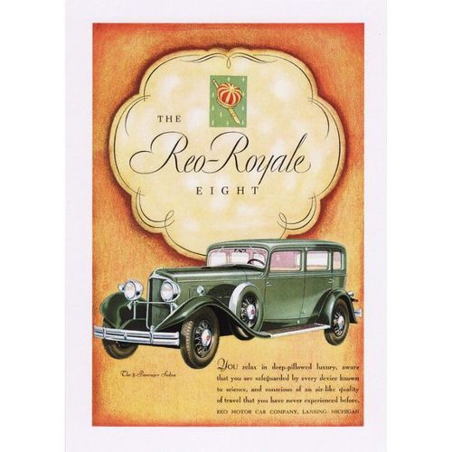 Postcard Poster Art Reo Royale Eight Motor Co Car Automobile Lansing USA Advert
