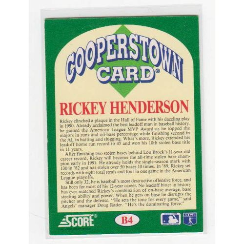 1991 Score Rickey Henderson Cooperstown card #B4 –HOF- Athletics