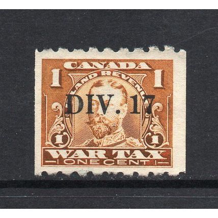 Canada - 1c Brown War Tax, Mint No Gum, Pre-Cancelled 'DIV. 17' Booklet Stamp
