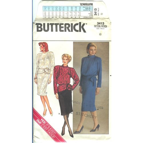 Butterick 3413 Sewing Pattern Misses Pullover Top Skirt Size 8 Used Ca. 1985