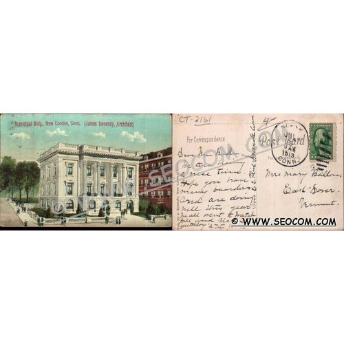 CT New London Postcard Municipal Building Street Scene Intersection James ~2161