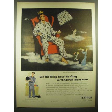 1948 Textron Golf Print Pajamas and Boxer Shorts Ad - art by Fritz Siebel
