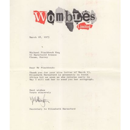 The Wombles Elizabeth Beresford Secretary 1970s Hand Signed Letter