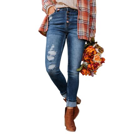 Blue Distressed Button Fly High Waist Skinny Jeans