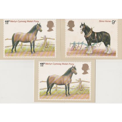 GB 1976 Horses PHQ FDC cards x 3 with 2x 11p and 1x 13p Skegness pm
