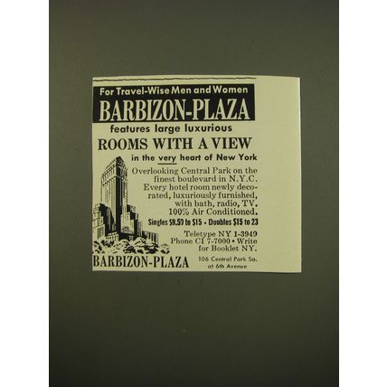 1961 Barbizon-Plaza Hotel Advertisement - For travel-wise men and women
