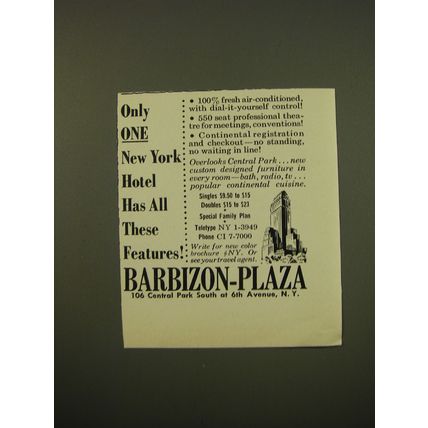 1961 Barbizon-Plaza hotel Ad - Only one New York Hotel has all these features