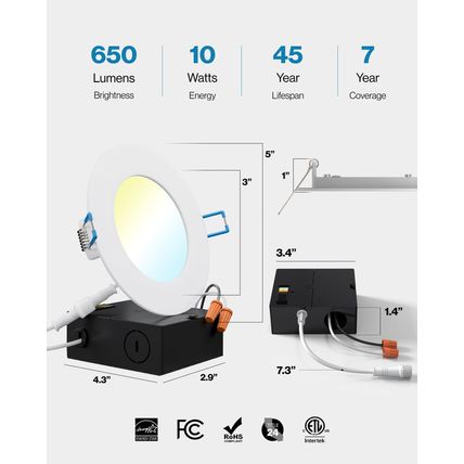 Sunco 12 Pack 4 Inch LED Recessed Lights, Canless Ceiling Light Slim, 650 LM, 10
