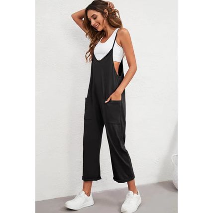 Black Pocketed Adjustable Spaghetti Strap Straight Leg Jumpsuit