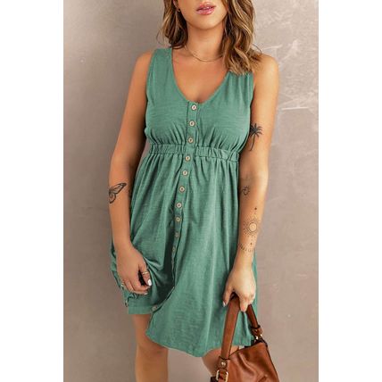 Green Buttons Sleeveless High Waist Mini Dress