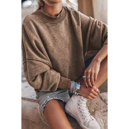 Brown Drop Shoulder Crew Neck Pullover Sweatshirt