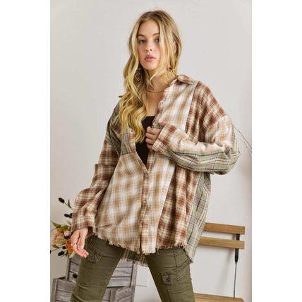 Brown Multi Plaid Patchwork Raw Edge Casual Shirt