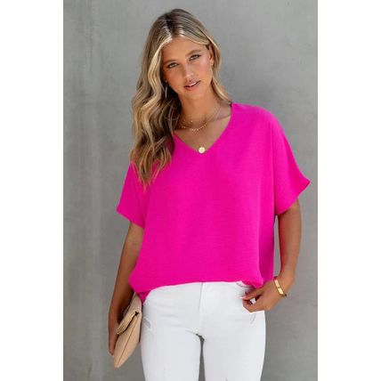 Rose Solid V Neck Short Sleeve Blouse