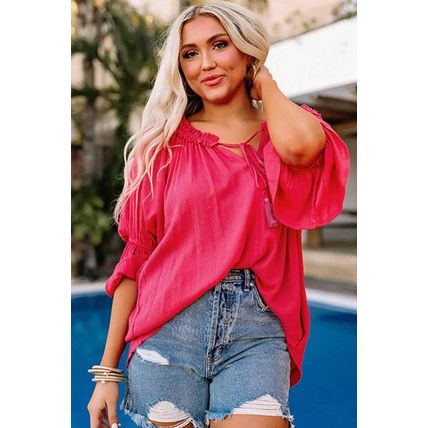 Rose Frilled Split V Neck Ruffled Sleeve Shift Top