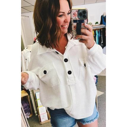 White Plus Size Long Sleeve Flap Pocket Henley Top