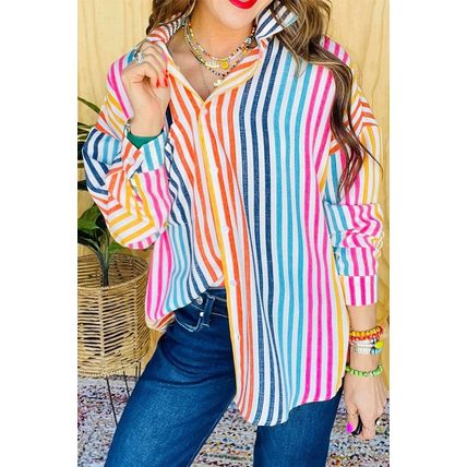Orange Stripe Multicolor Drop Shoulder Loose Shirt