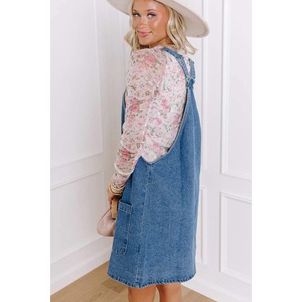 Dusk Blue Wide Strap Button Front Pocketed Denim Mini Dress