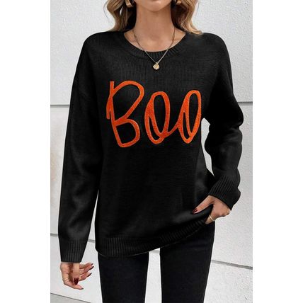 Black Boo Knitted Pattern Ribbed Edge Drop Shoulder Sweater