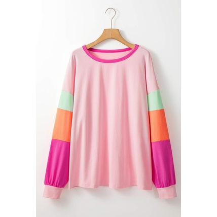 Pink Colorblock Patchwork Long Sleeve Plus Size Top