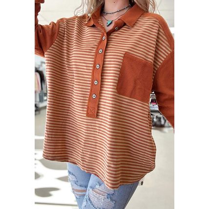 Red Stripe Textured Patched Drop Shoulder Buttoned Plus Size Sweatshirt
