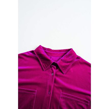 Bright Pink Plus Size Velvet Chest Pocket Drop Shoulder Shirt