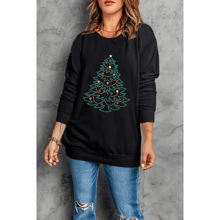 Black Rhinestone Christmas Tree Graphic Pullover Sweatshirt
