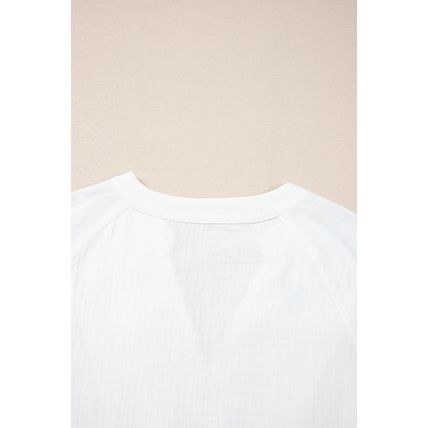 White Paisley Embroidered Textured Split Neck Long Puff Sleeve Blouse