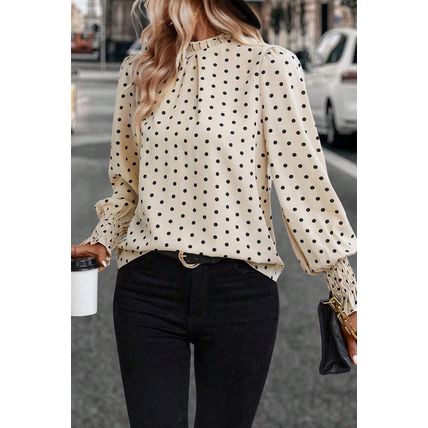 Apricot Polka Dot Print Frilled Collar Lantern Sleeve Blouse