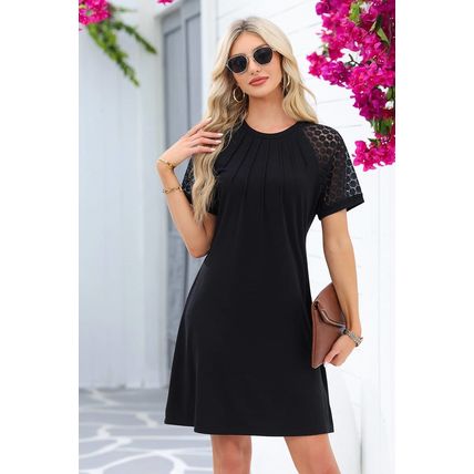 Black Contrast Lace Raglan Sleeve Pleated Detail Shift Dress