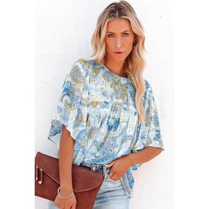 Sky Blue Paisley Print Wide Sleeves Loose Blouse